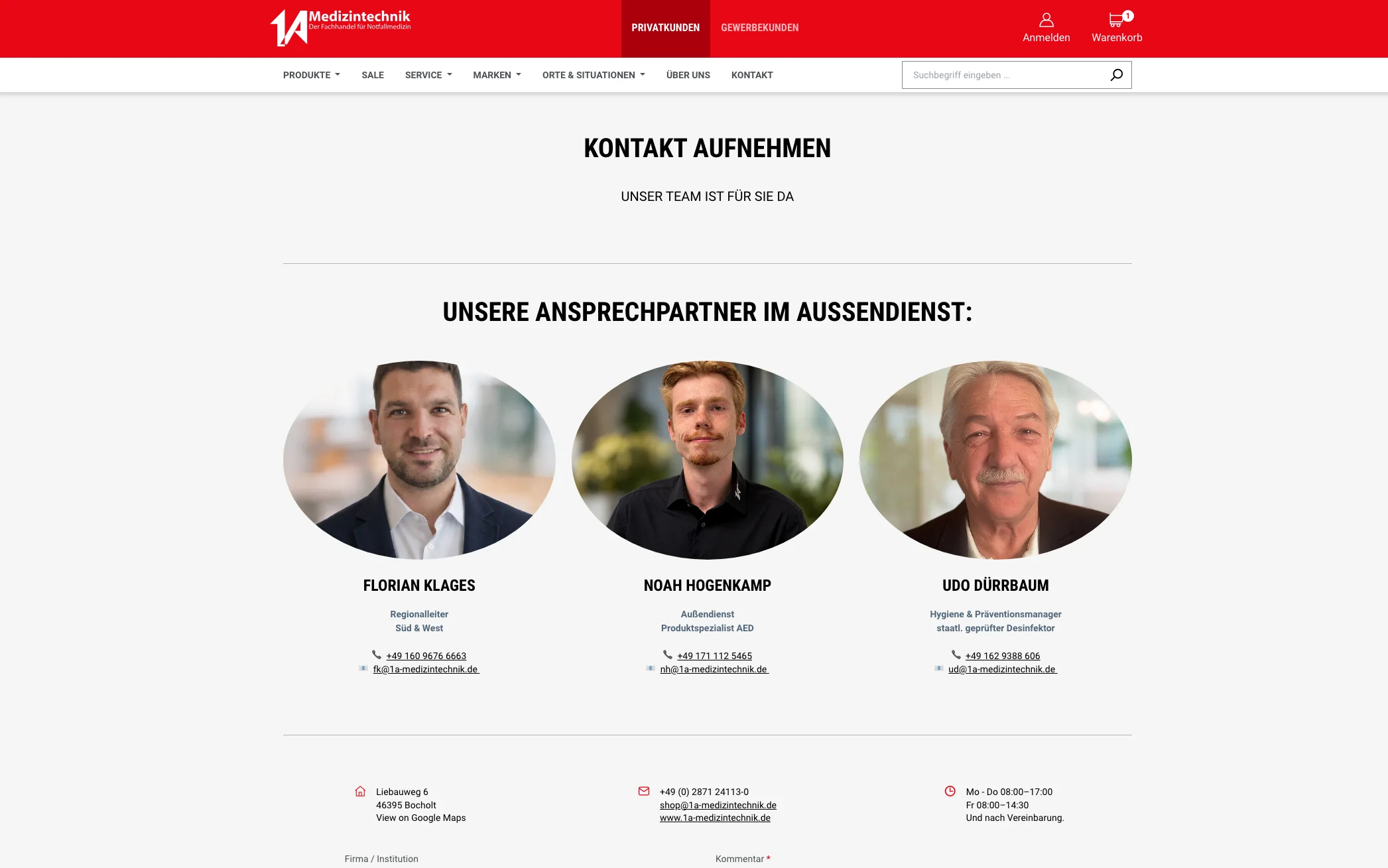 Screenshot-Beleg: 1a-medizintechnik — Kriterium 6.1 Kontaktmöglichkeiten präsent
