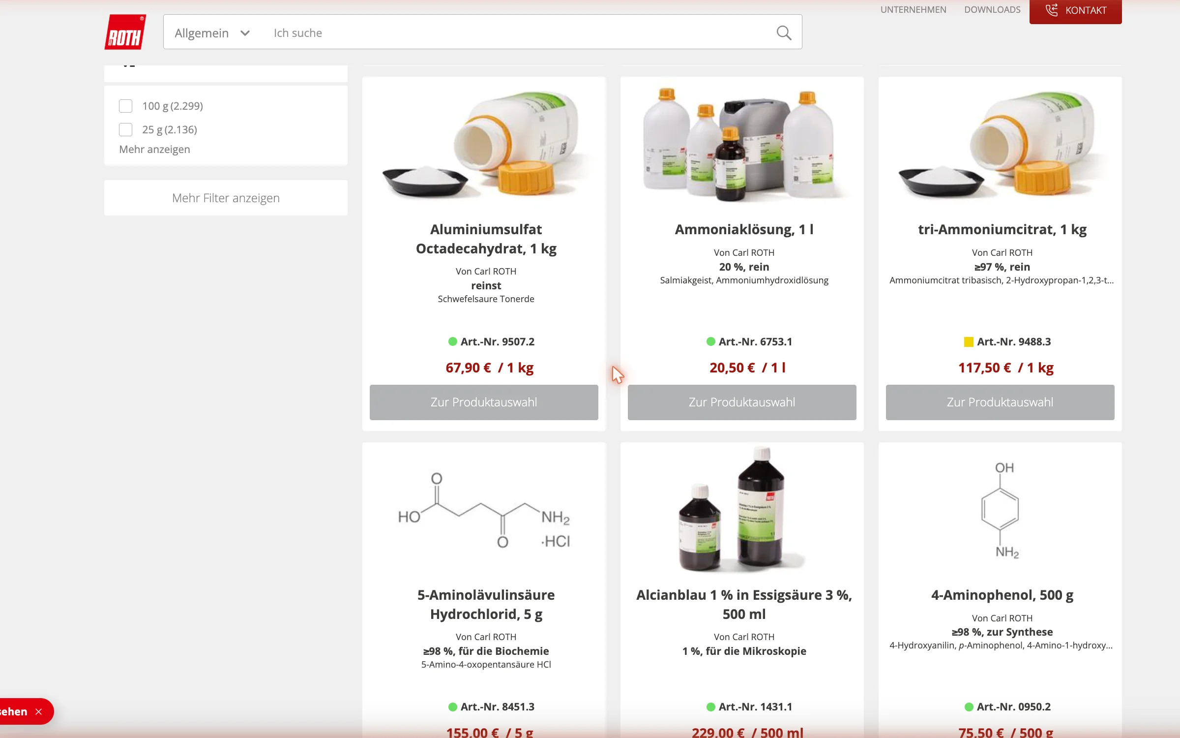 Screenshot-Beleg: Carl Roth — Kriterium 3.3 Produktidentifikation in der Produktliste