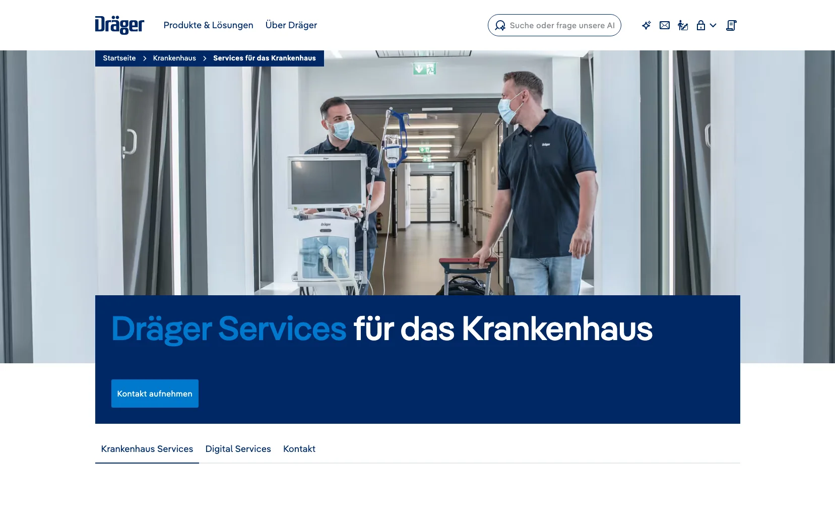 Screenshot-Beleg: Dräger — Kriterium 2.1 Suchfeld persistent in Top-Bar