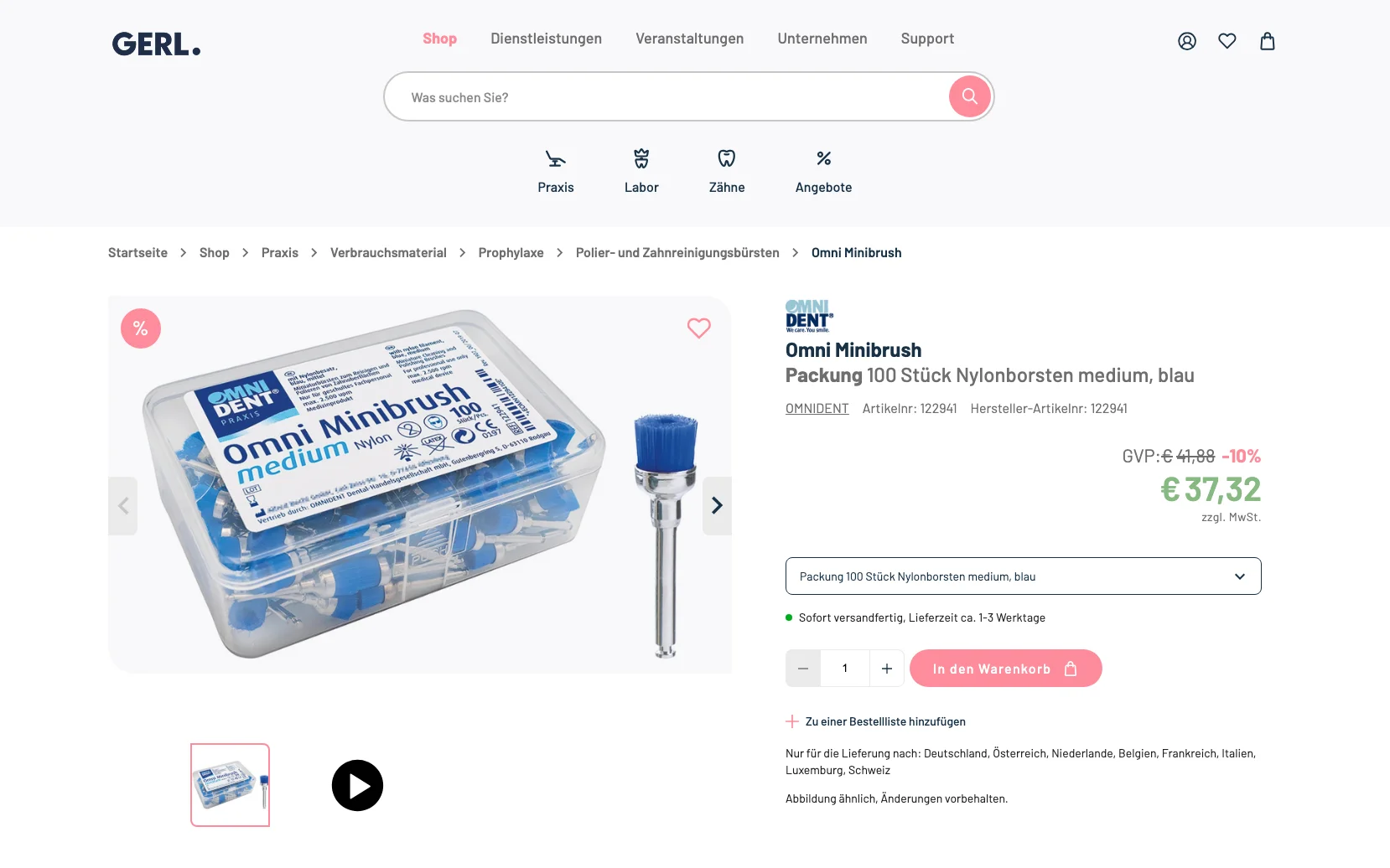 Screenshot-Beleg: Gerl Dental — Kriterium 2.2 Suche per Artikelnr./PZN/REF