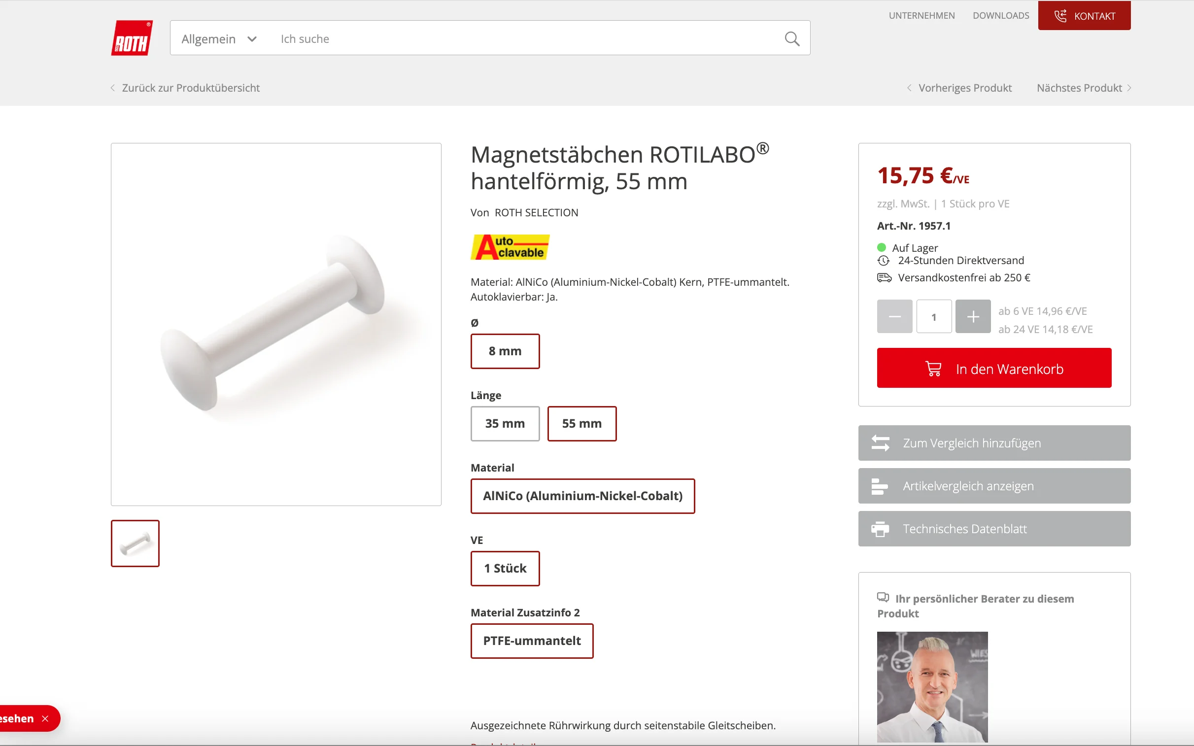 Screenshot-Beleg: Carl Roth — Kriterium 5.3 Lieferzeit / Verfügbarkeit