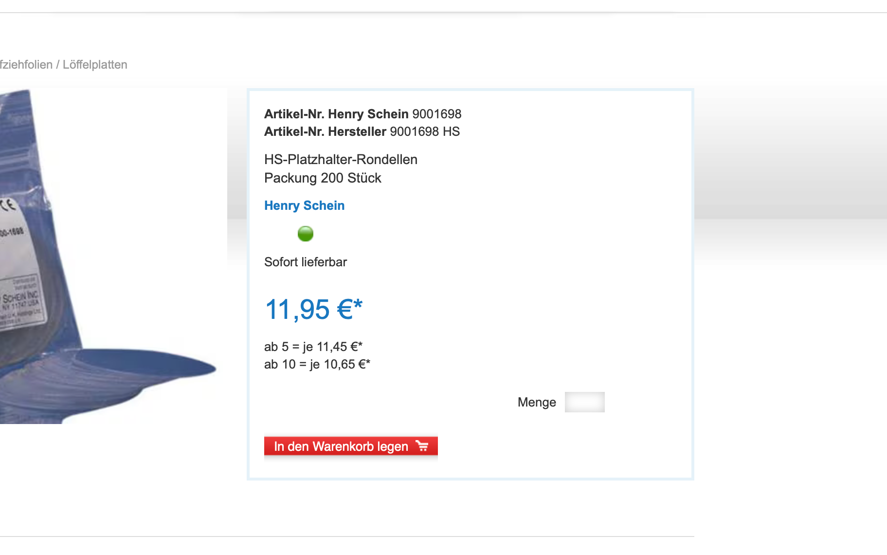 Screenshot-Beleg: Henry Schein Dental — Kriterium 5.3 Lieferzeit / Verfügbarkeit