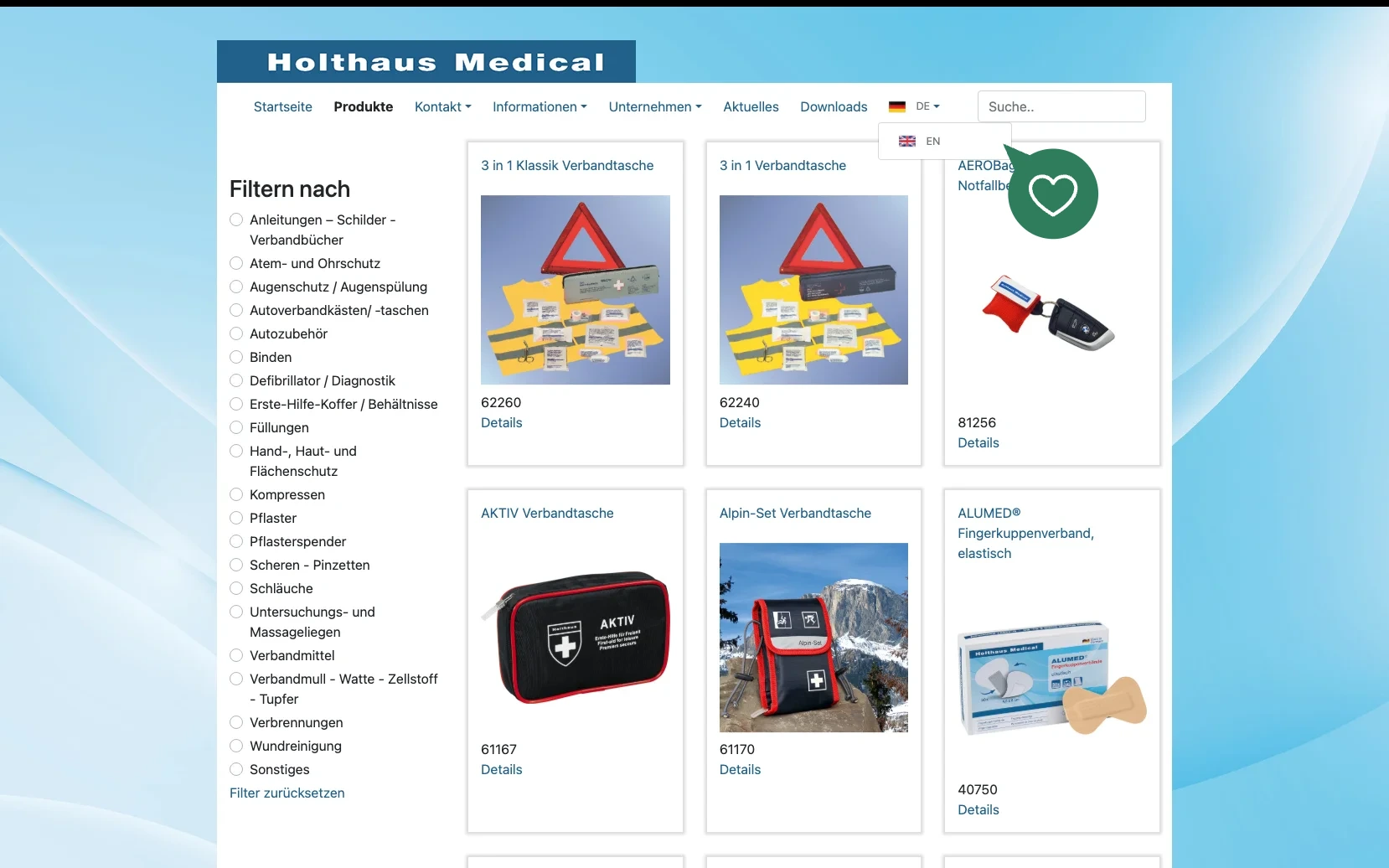 Screenshot-Beleg: Holthaus Medical — Kriterium 1.5 Sprachauswahl