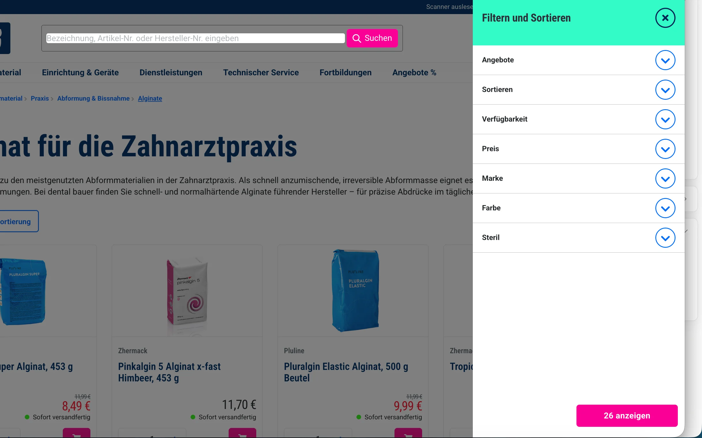 Screenshot-Beleg: Dental Bauer — Kriterium 3.1 Filter in der Produktliste (Anzahl)