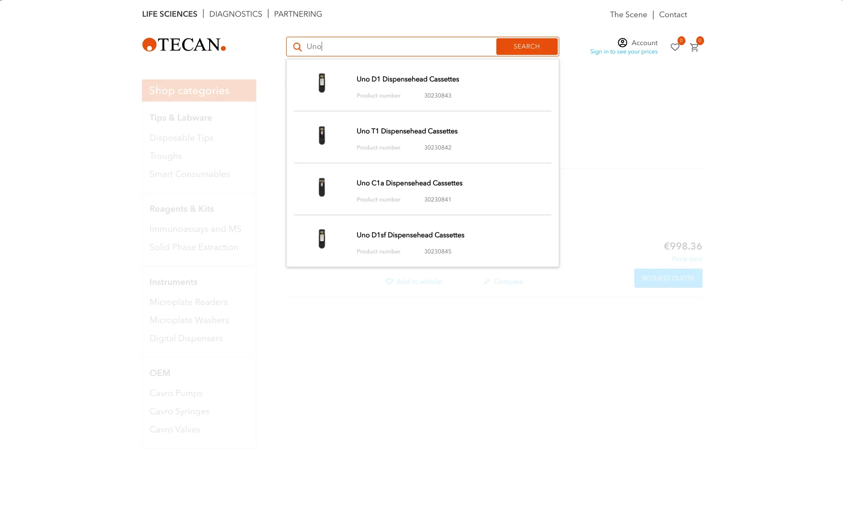 Screenshot-Beleg: Tecan — Kriterium 2.3 Suchvorschläge während der Eingabe