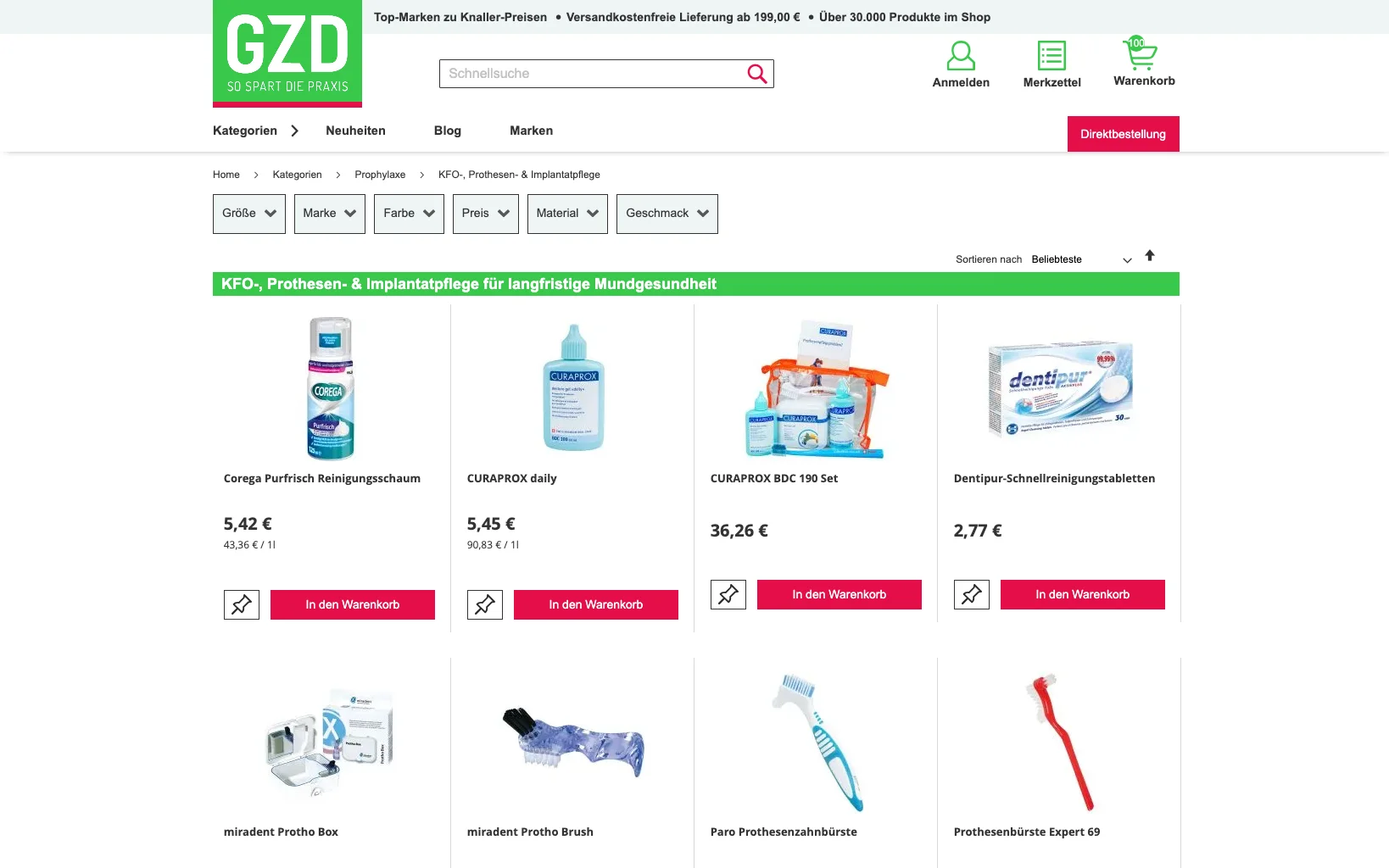 Screenshot-Beleg: Geiz Dental — Kriterium 3.3 Produktidentifikation in der Produktliste