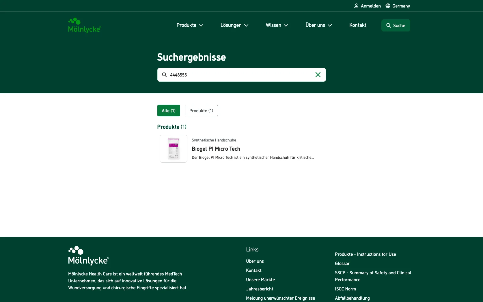 Screenshot-Beleg: Mölnlycke Health Care — Kriterium 2.2 Suche per Artikelnr./PZN/REF