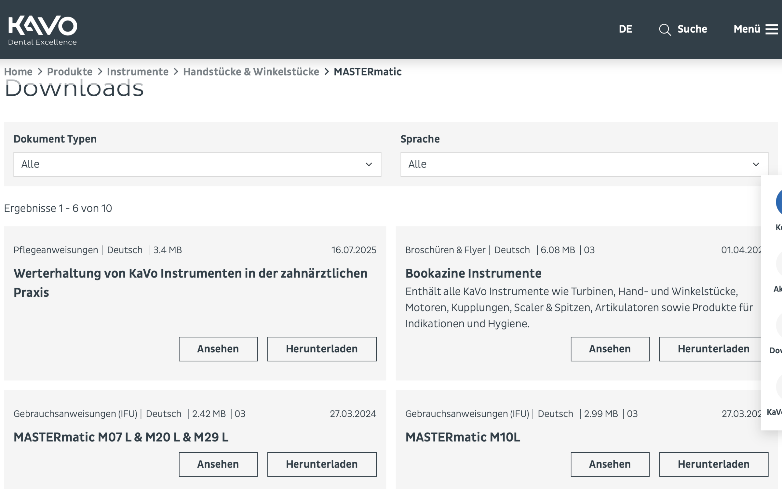 Screenshot-Beleg: KaVo Dental — Kriterium 4.2 Tech. Dokumente downloadbar