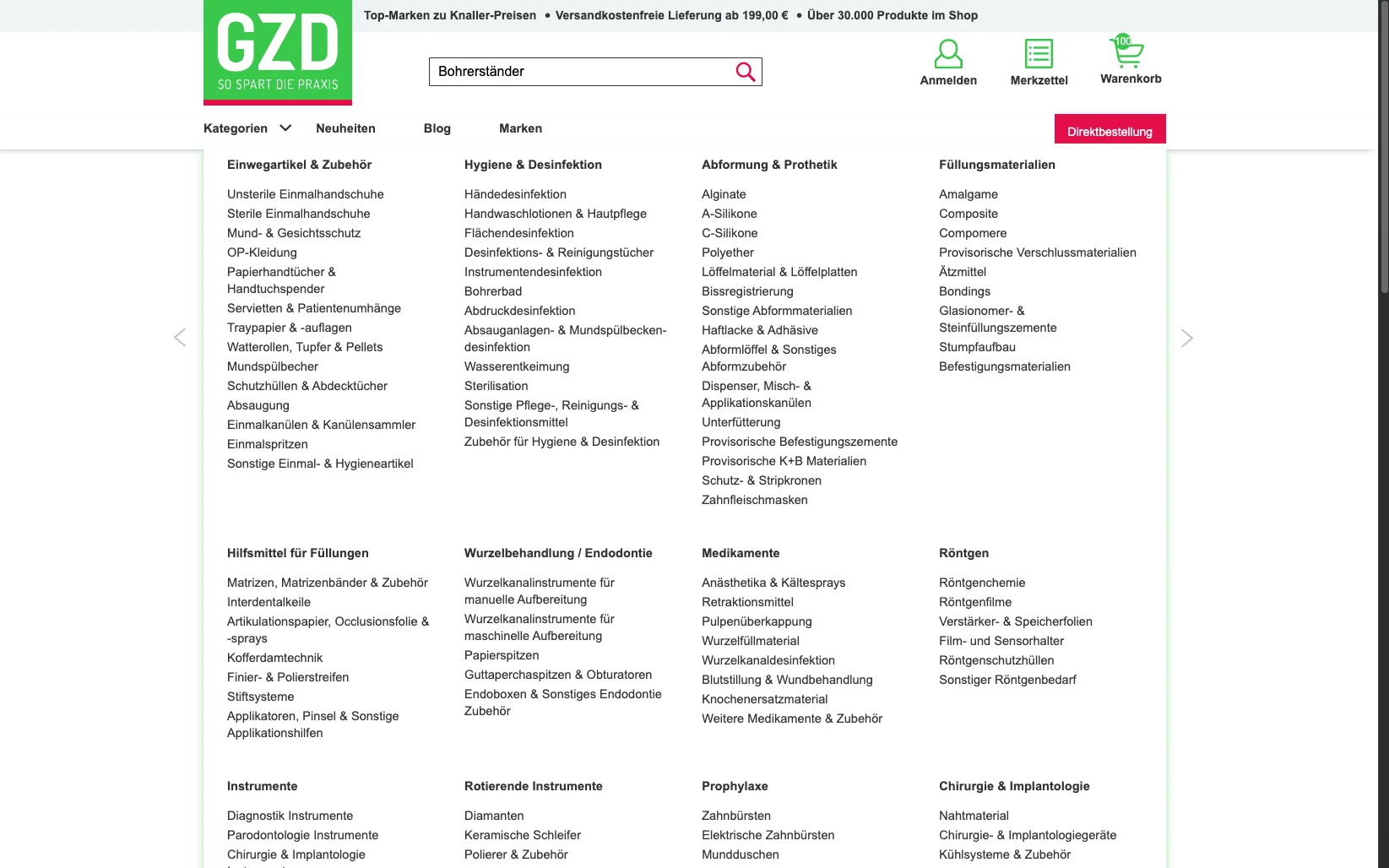 Screenshot-Beleg: Geiz Dental — Kriterium 2.4 Mega-Menü / Hauptnavigation