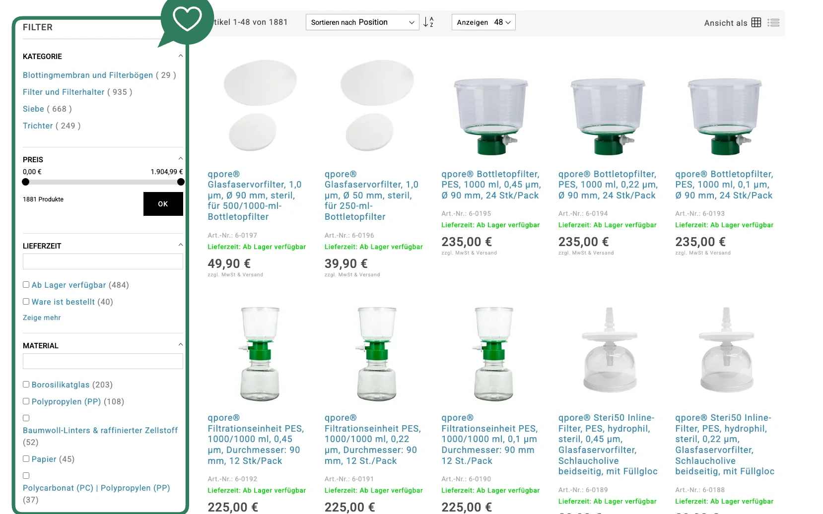Screenshot-Beleg: neoLab — Kriterium 3.1 Filter in der Produktliste (Anzahl)
