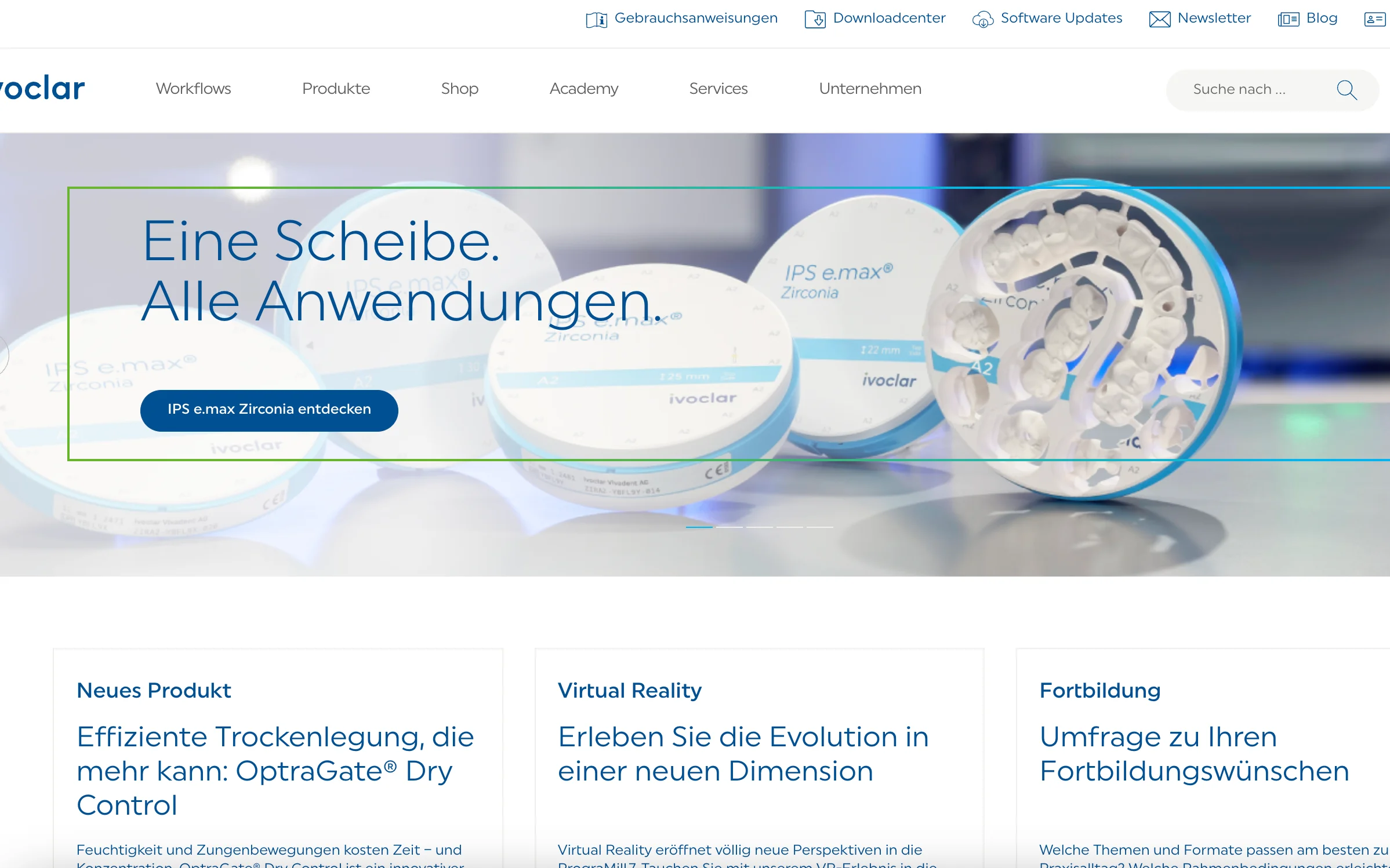 Screenshot-Beleg: Ivoclar Vivadent — Kriterium 2.1 Suchfeld persistent in Top-Bar