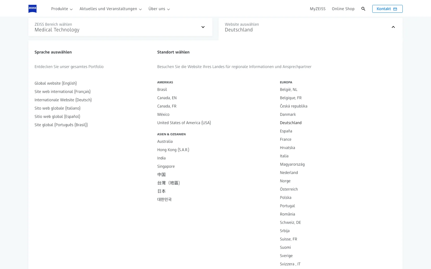 Screenshot-Beleg: Carl Zeiss Meditec — Kriterium 1.5 Sprachauswahl