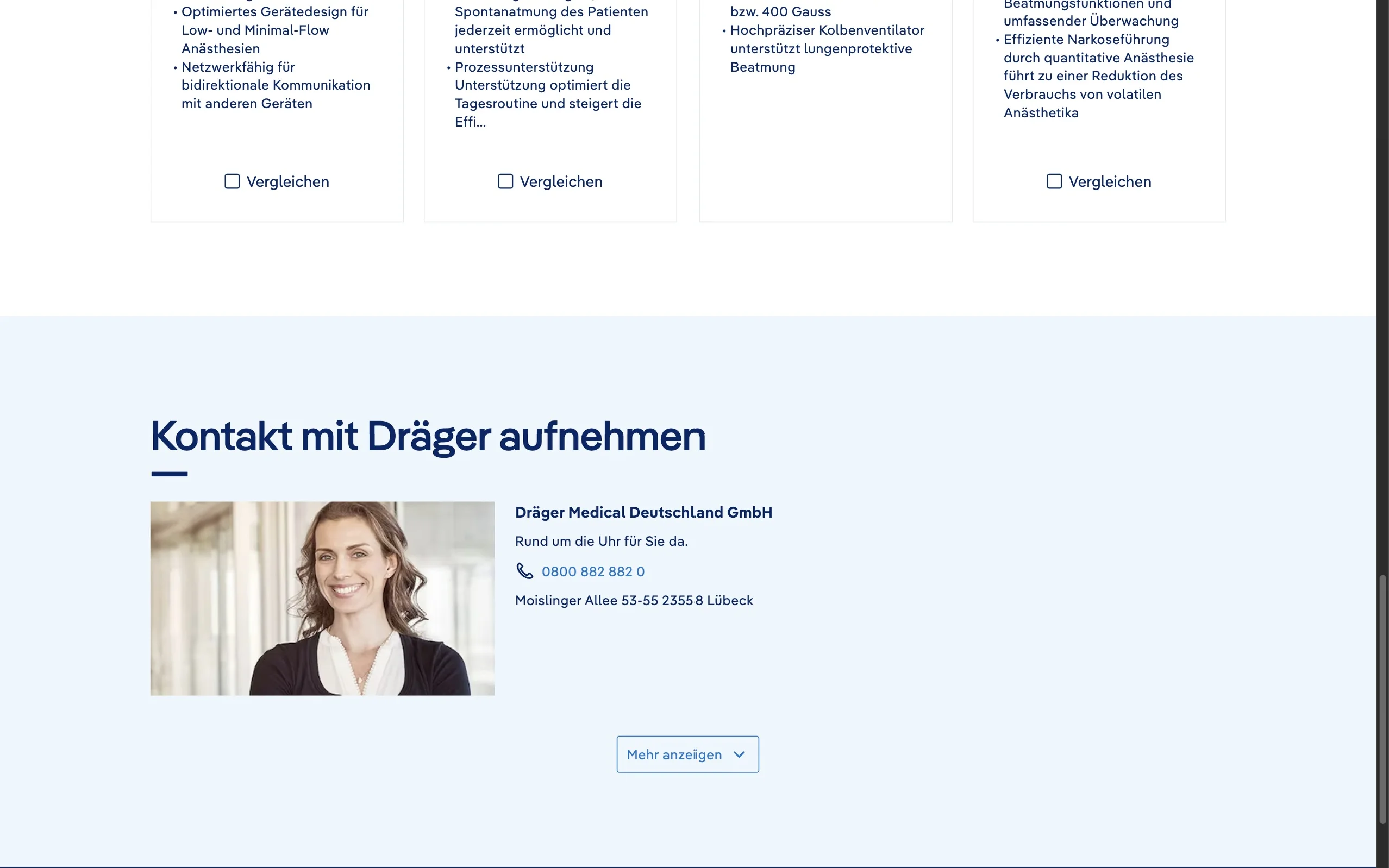 Screenshot-Beleg: Dräger — Kriterium 6.1 Kontaktmöglichkeiten präsent