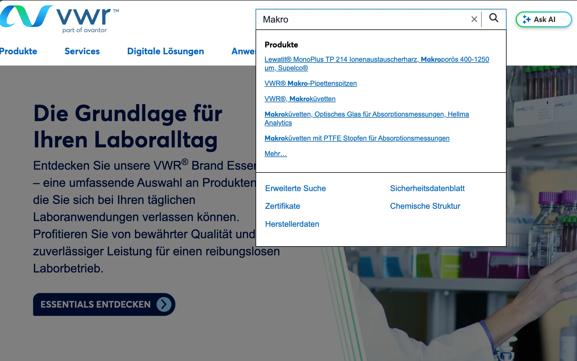 Screenshot-Beleg: VWR / Avantor — Kriterium 2.3 Suchvorschläge während der Eingabe