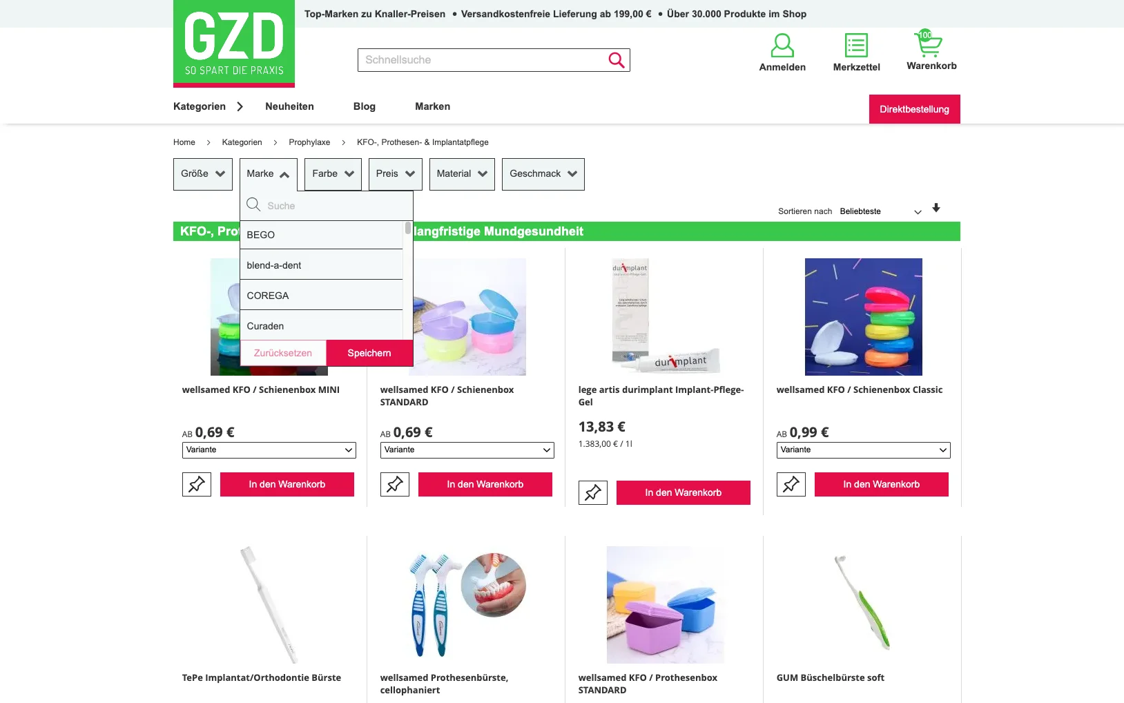 Screenshot-Beleg: Geiz Dental — Kriterium 3.1 Filter in der Produktliste (Anzahl)