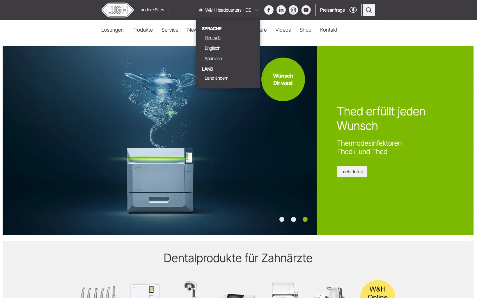 Screenshot-Beleg: W&H Dentalwerk — Kriterium 1.5 Sprachauswahl
