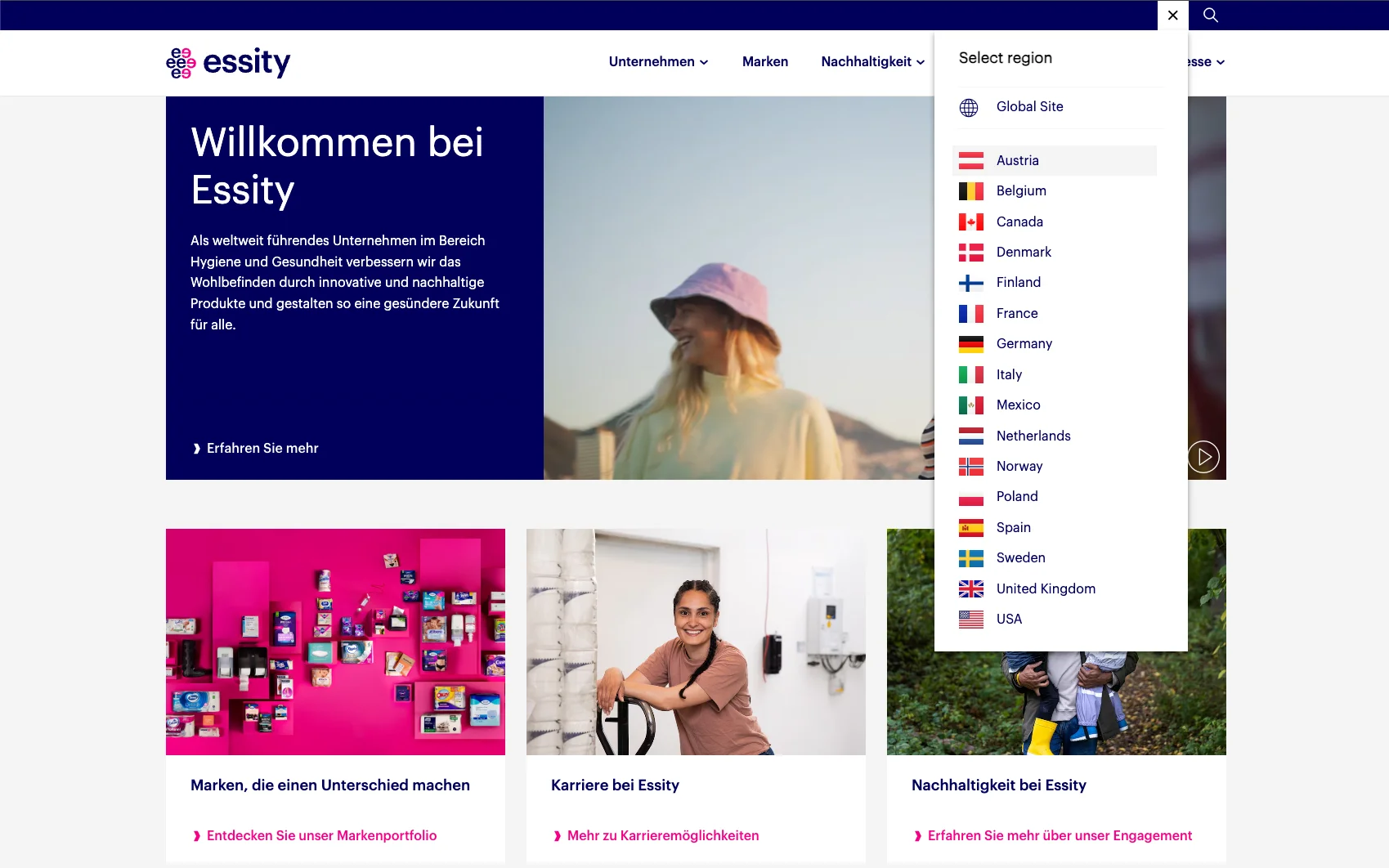 Screenshot-Beleg: Medical Essity — Kriterium 1.5 Sprachauswahl