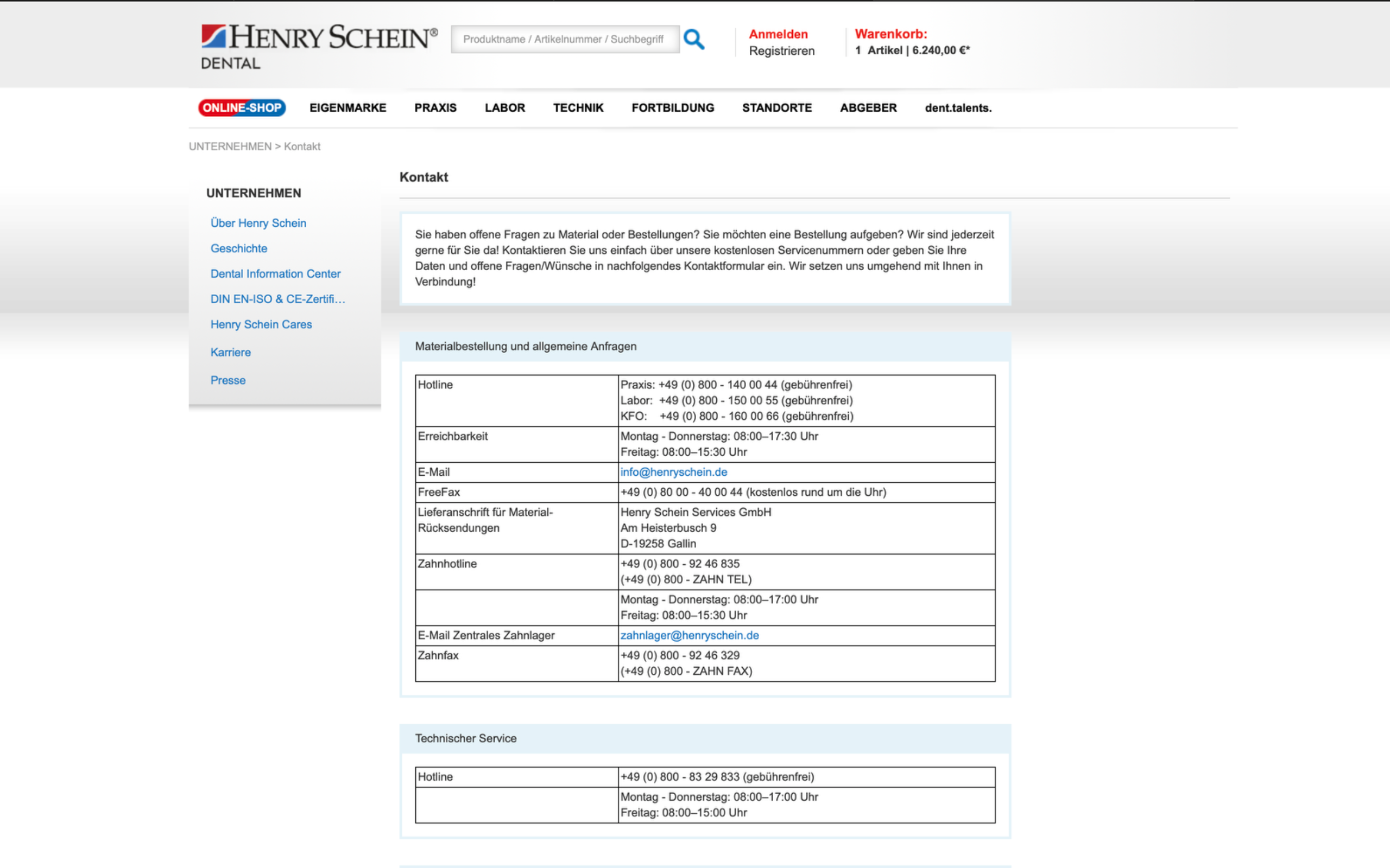 Screenshot-Beleg: Henry Schein Dental — Kriterium 6.1 Kontaktmöglichkeiten präsent